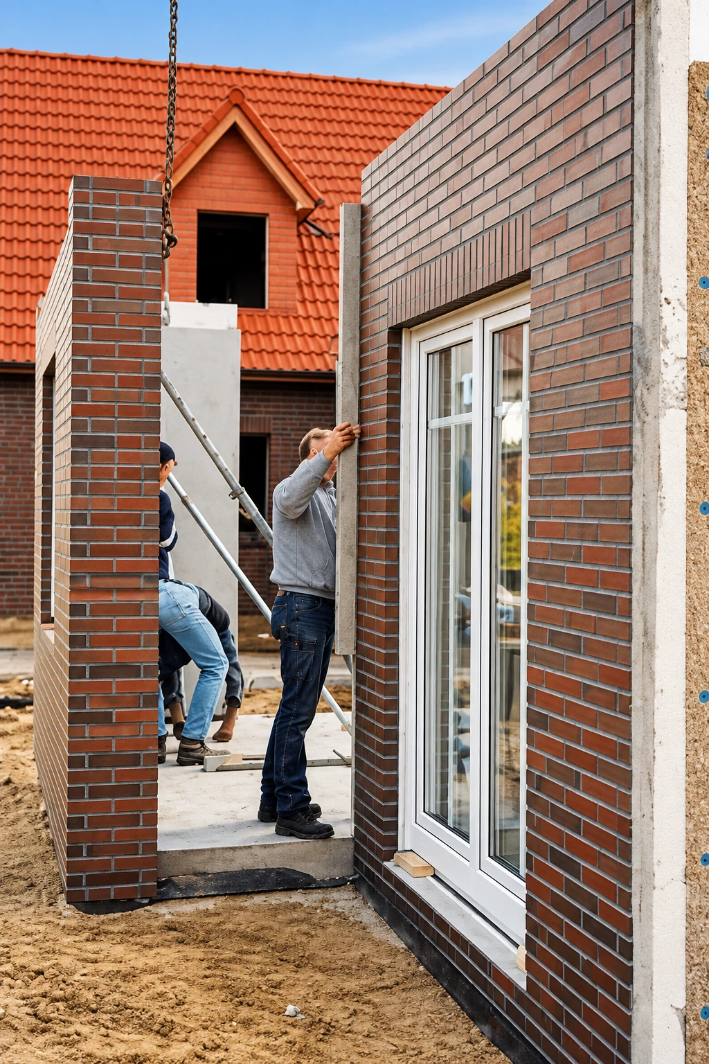 Nahaufnahme einer montierten, verklinkerten Fertigwand mit Fenster auf einer Baustelle.
