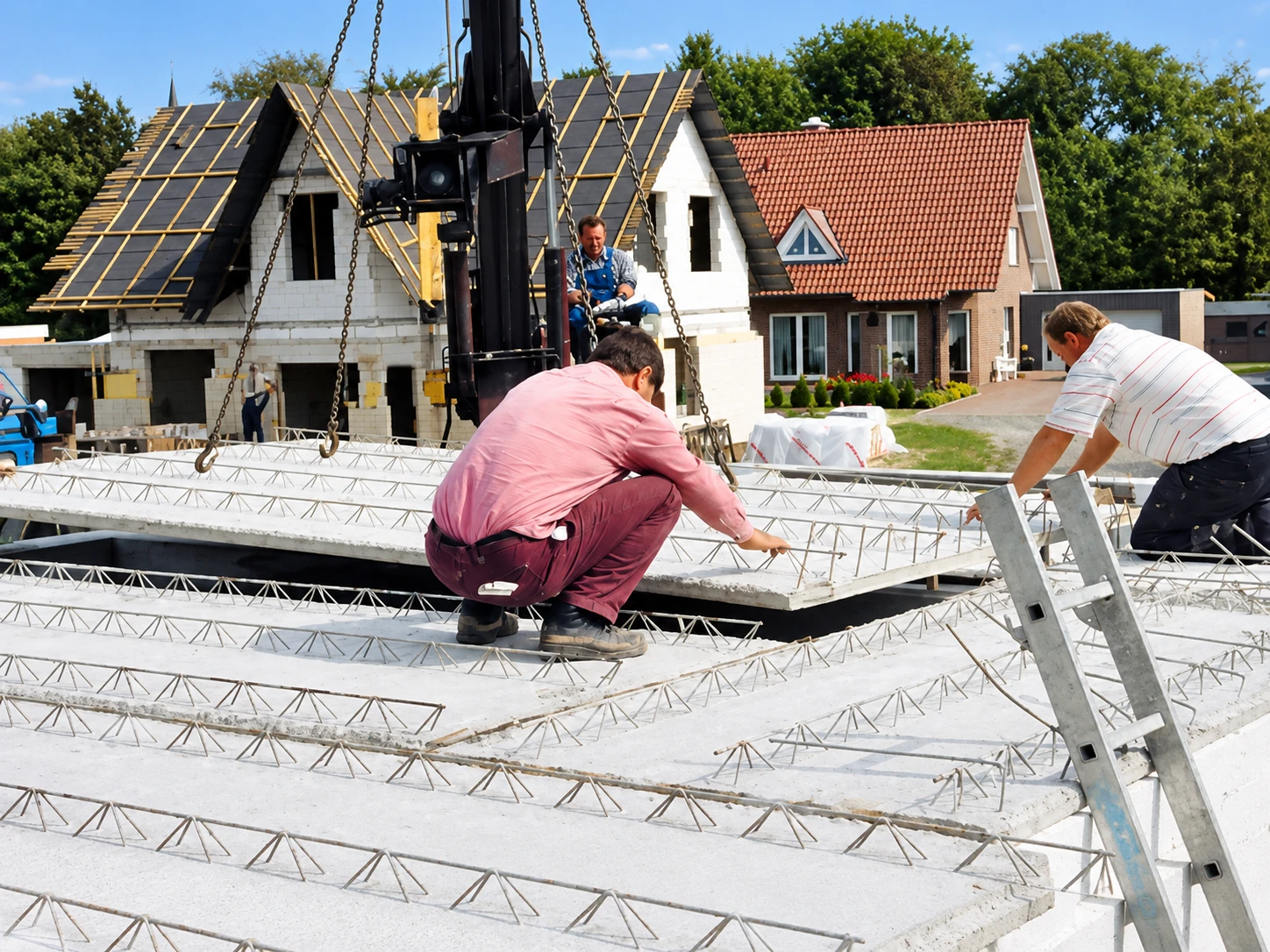 Fertigteildecke auf einer Baustelle mit Kranmontage